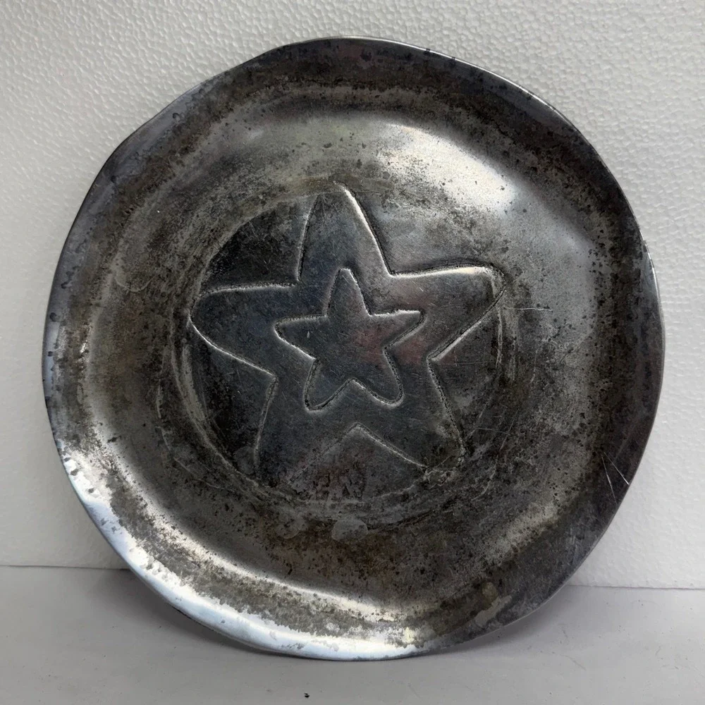 Pewter Silver Star Embossed‎ Rustic Decorative Plate Metal Tray 9in